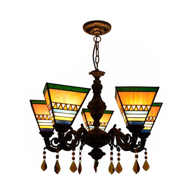 Geométrique Hanging Light Retro Style Treated Verre 5 Bulbes Chandelier avec pendentifs en cristal en jaune / bleu pour chambre à coucher