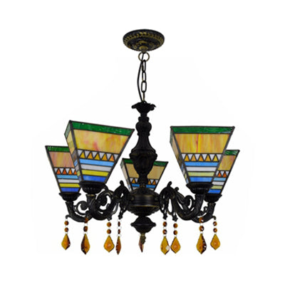 Geométrique Hanging Light Retro Style Treated Verre 5 Bulbes Chandelier avec pendentifs en cristal en jaune / bleu pour chambre à coucher