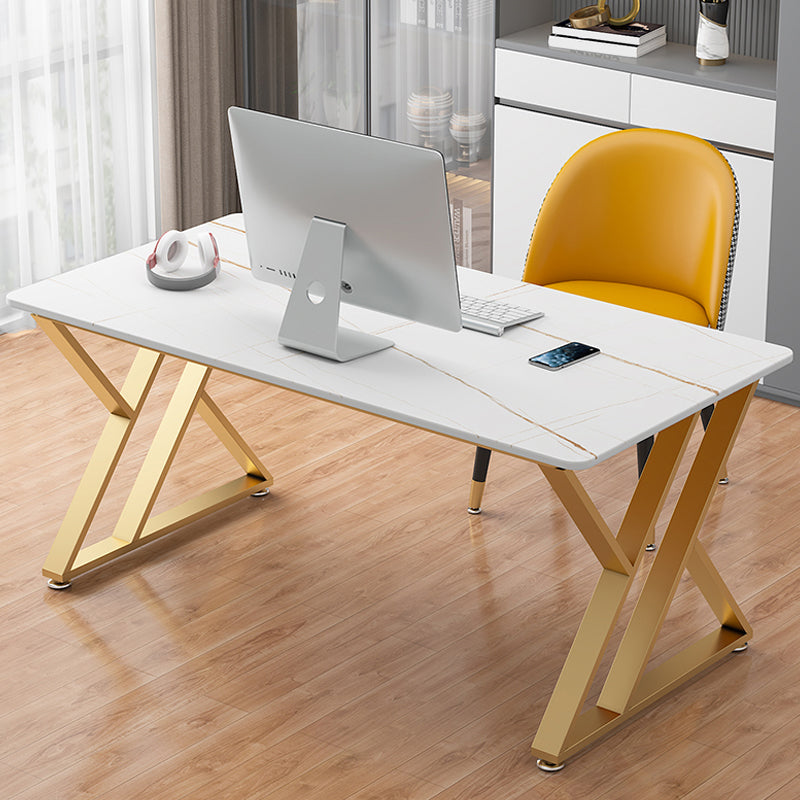 White Glam Writing Desk Rectangular Metal Office Desk for Office