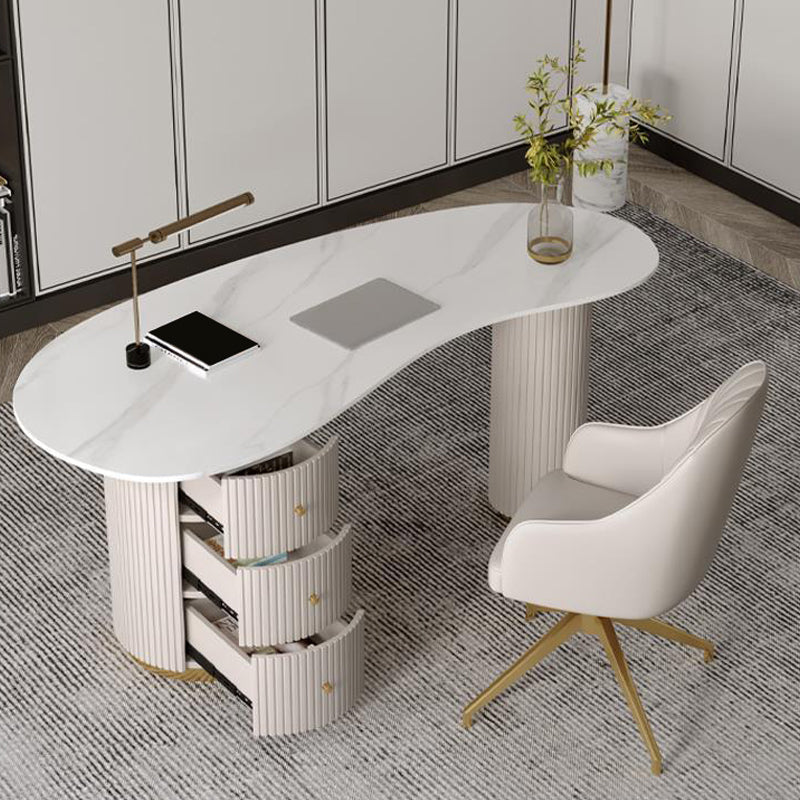 Glam White Office Desk Marble Oval Executive Desk for Bedroom