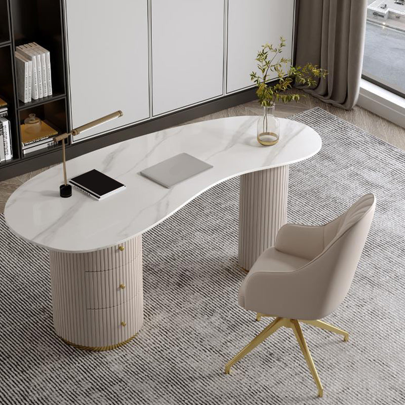 Glam White Office Desk Marble Oval Executive Desk for Bedroom