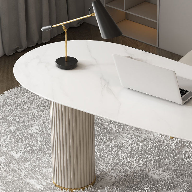 Glam White Office Desk Marble Oval Executive Desk for Bedroom