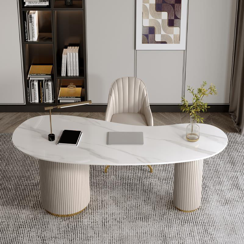 Glam White Office Desk Marble Oval Executive Desk for Bedroom