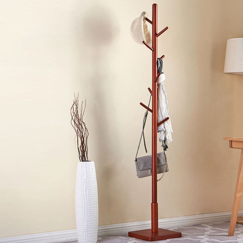 Modern Free Standing Hall Tree, 69" Rubberwood Solid Wood Hall Tree with Wood Hook