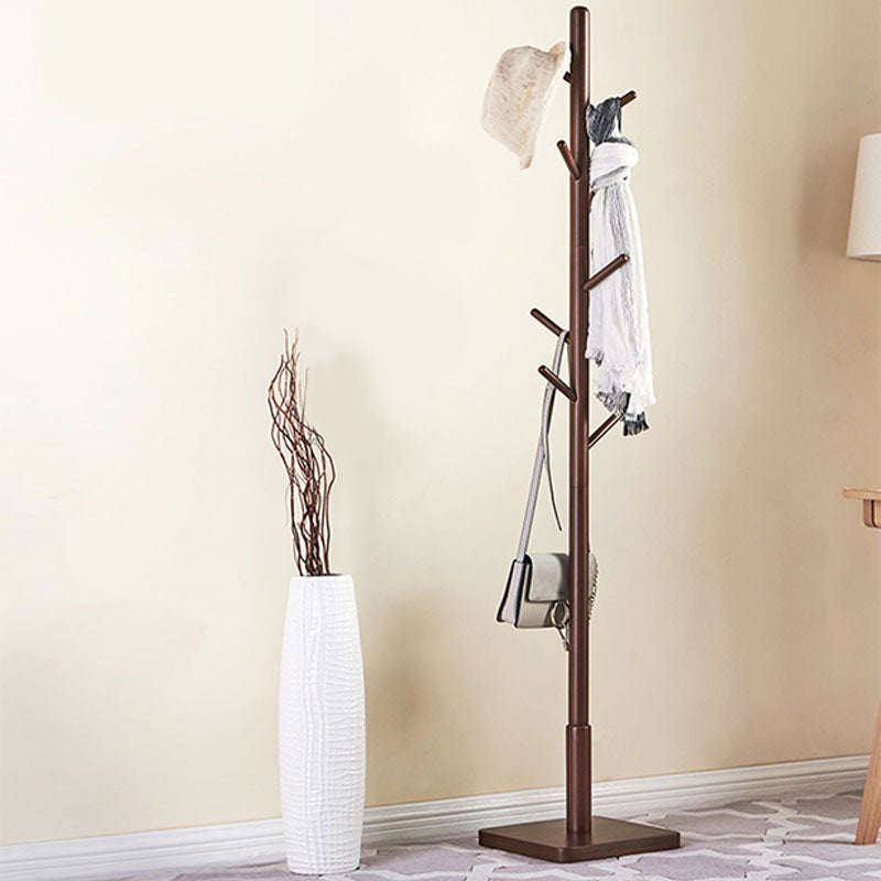 Modern Free Standing Hall Tree, 69" Rubberwood Solid Wood Hall Tree with Wood Hook