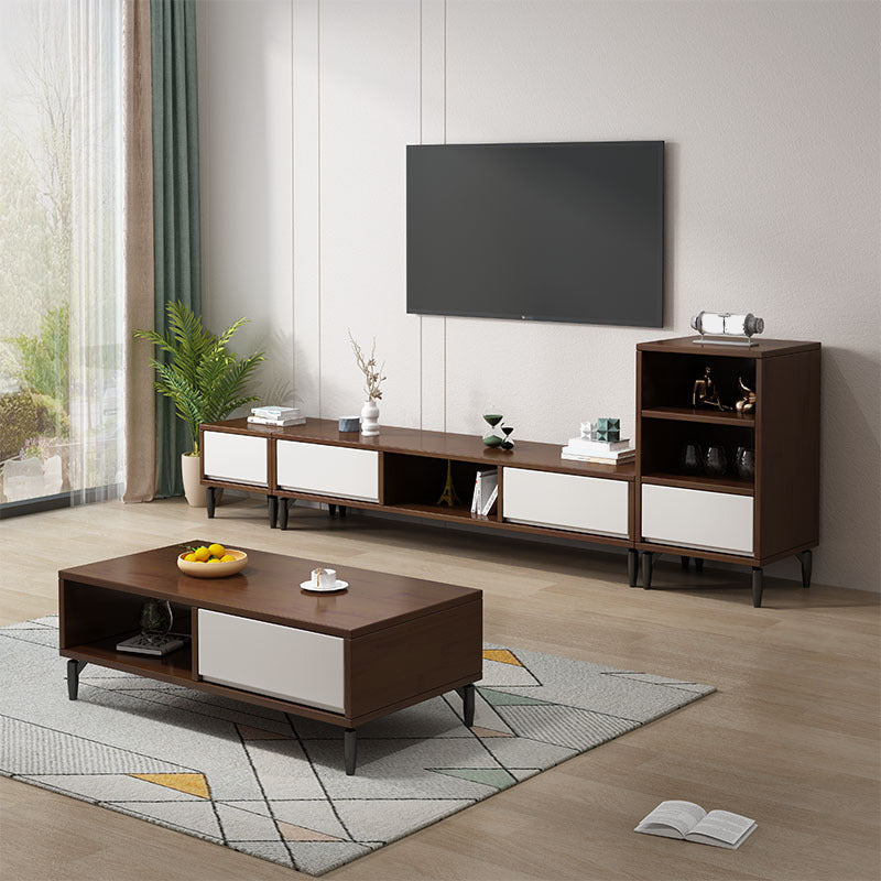 Modern Rubber Wood TV Stand Console Open Storage TV Media Stand with Legs for Living Room