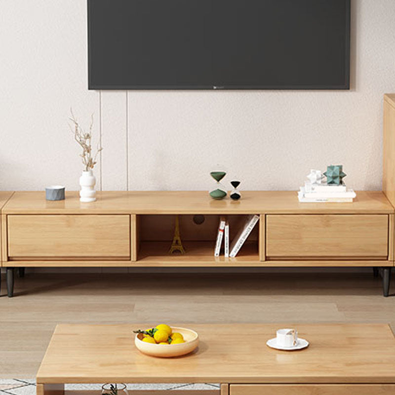 Modern Rubber Wood TV Stand Console Open Storage TV Media Stand with Legs for Living Room