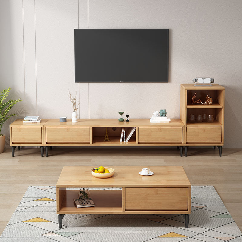 Modern Rubber Wood TV Stand Console Open Storage TV Media Stand with Legs for Living Room