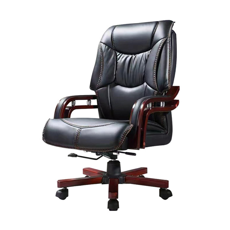 Wood Frame Upholstered Office Chair in Black Leather High Back Executive Chair