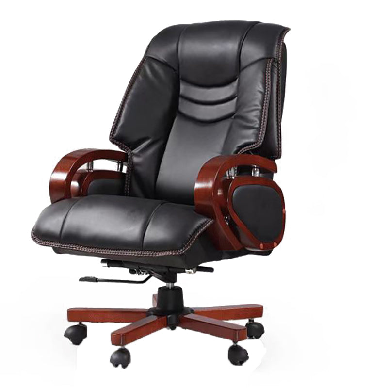 Wood Frame Upholstered Office Chair in Black Leather High Back Executive Chair