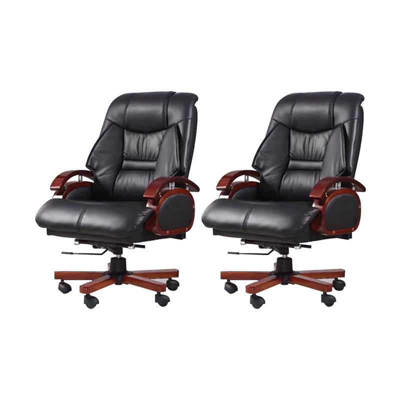 Wood Frame Upholstered Office Chair in Black Leather High Back Executive Chair