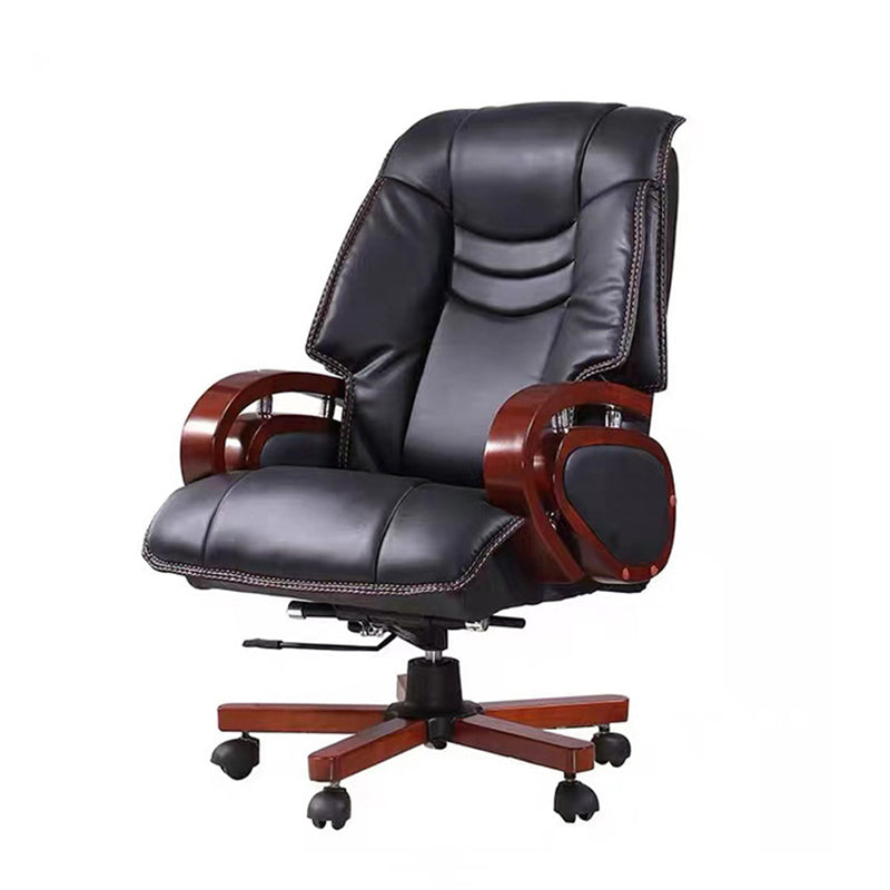 Wood Frame Upholstered Office Chair in Black Leather High Back Executive Chair