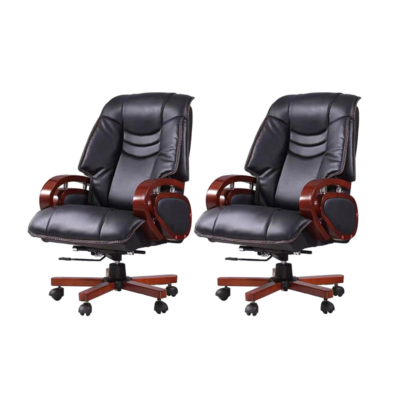 Wood Frame Upholstered Office Chair in Black Leather High Back Executive Chair