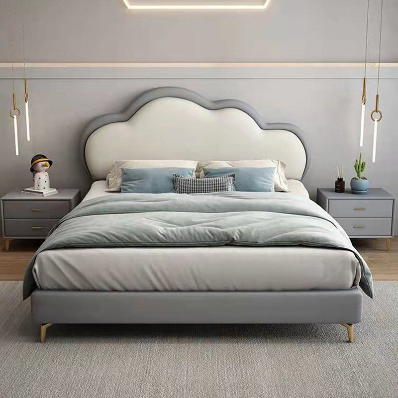 Queen Upholstered Low Bed Frame Mattress Included Standard Bed with Cloud Shaped Headboard