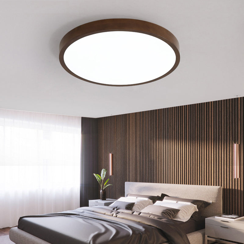 1-Light Round Flush Ceiling Lights Modern Wood Flush Mount in Brown