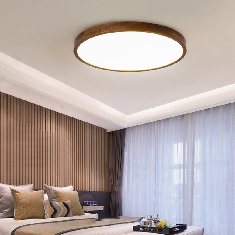 1-Light Round Flush Ceiling Lights Modern Wood Flush Mount in Brown