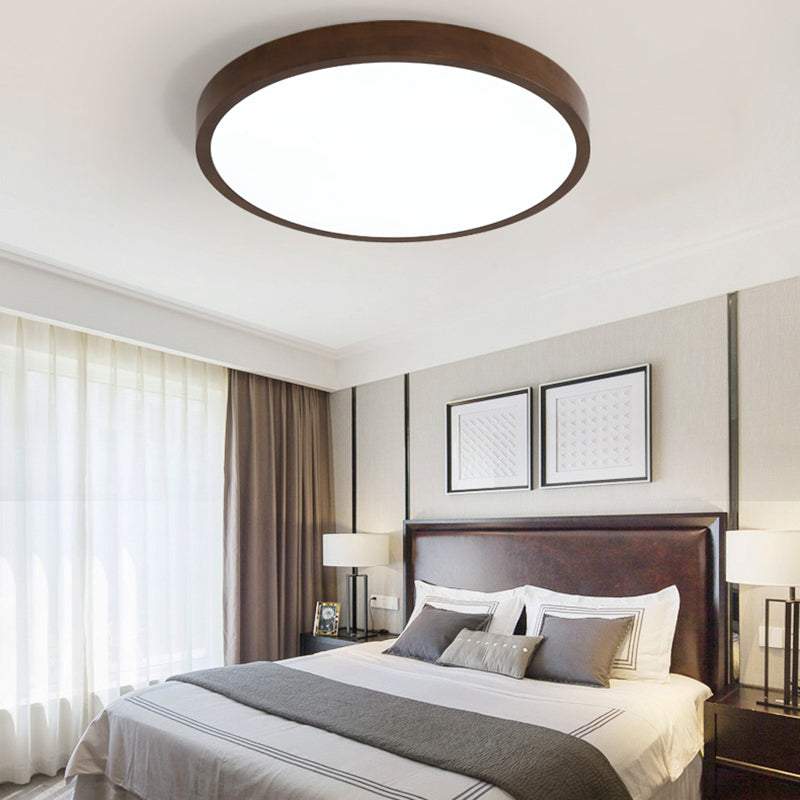 1-Light Round Flush Ceiling Lights Modern Wood Flush Mount in Brown