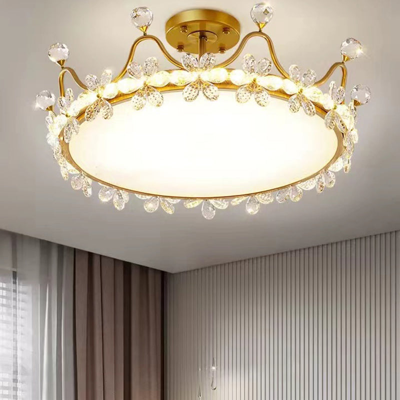 Gold LED Semi Flush Mount Chandelier Metal Ceiling Semi Flush with Crystal Accents