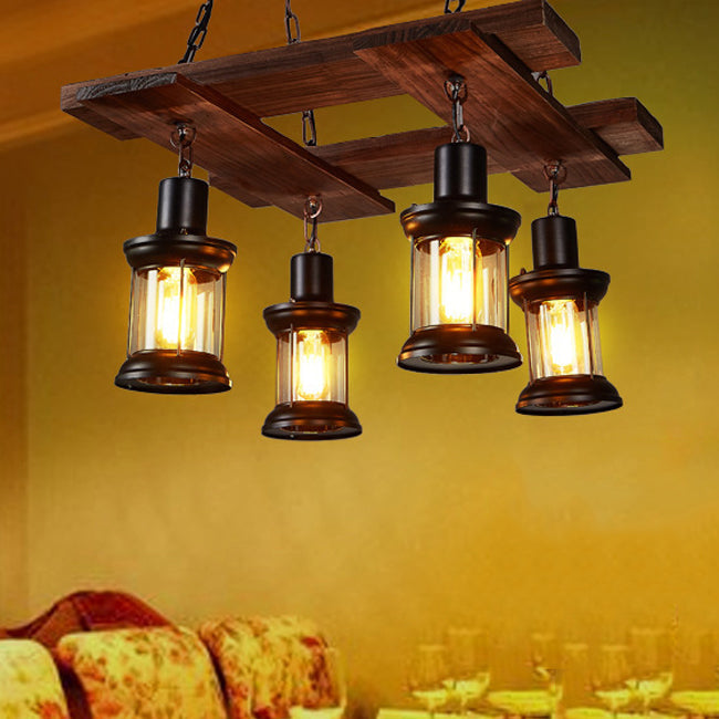 Cylinder Shape Island Lamps Industrial Style Wood 4 Lights Island Light in Brown