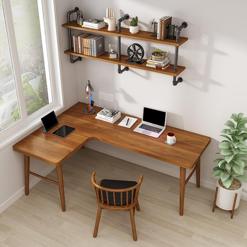 Solid Wood Writing Desk Contemporary L-Shape Brown Office Desk