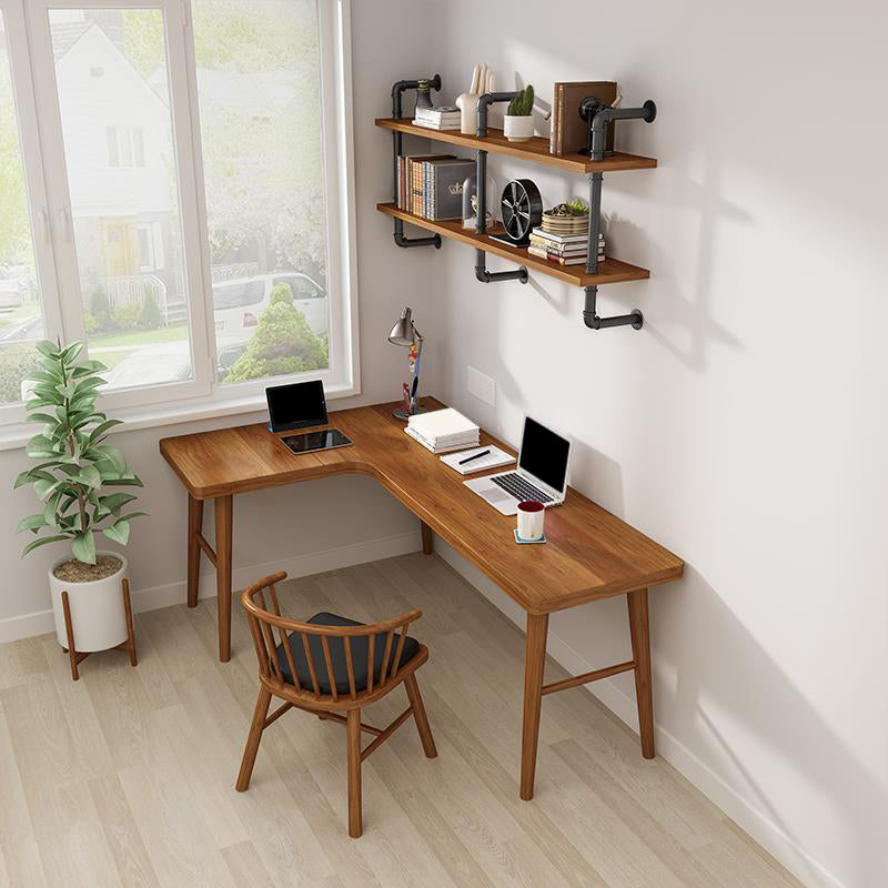 Solid Wood Writing Desk Contemporary L-Shape Brown Office Desk