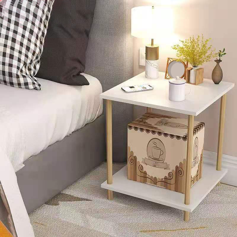 White Wood Contemporary Nightstand Open Storage Night Table with 2 Shelves