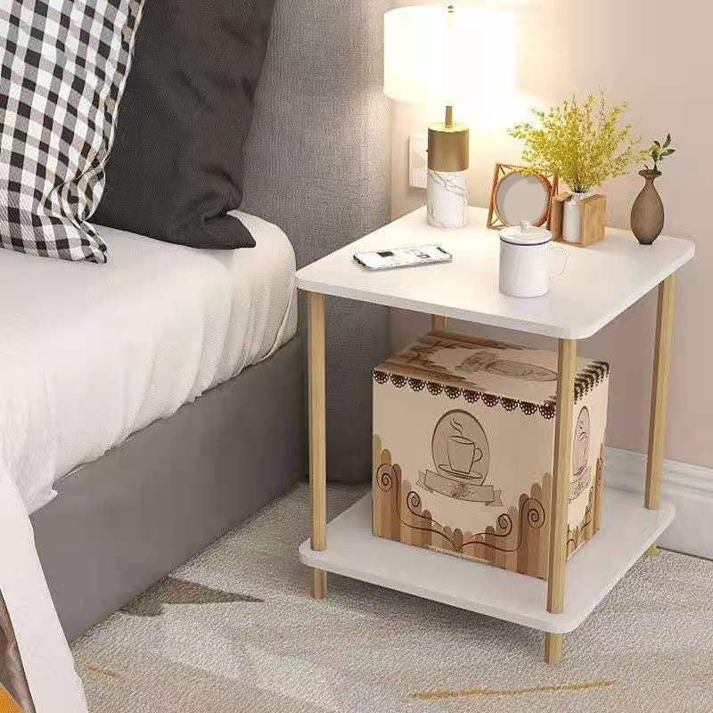 White Wood Contemporary Nightstand Open Storage Night Table with 2 Shelves