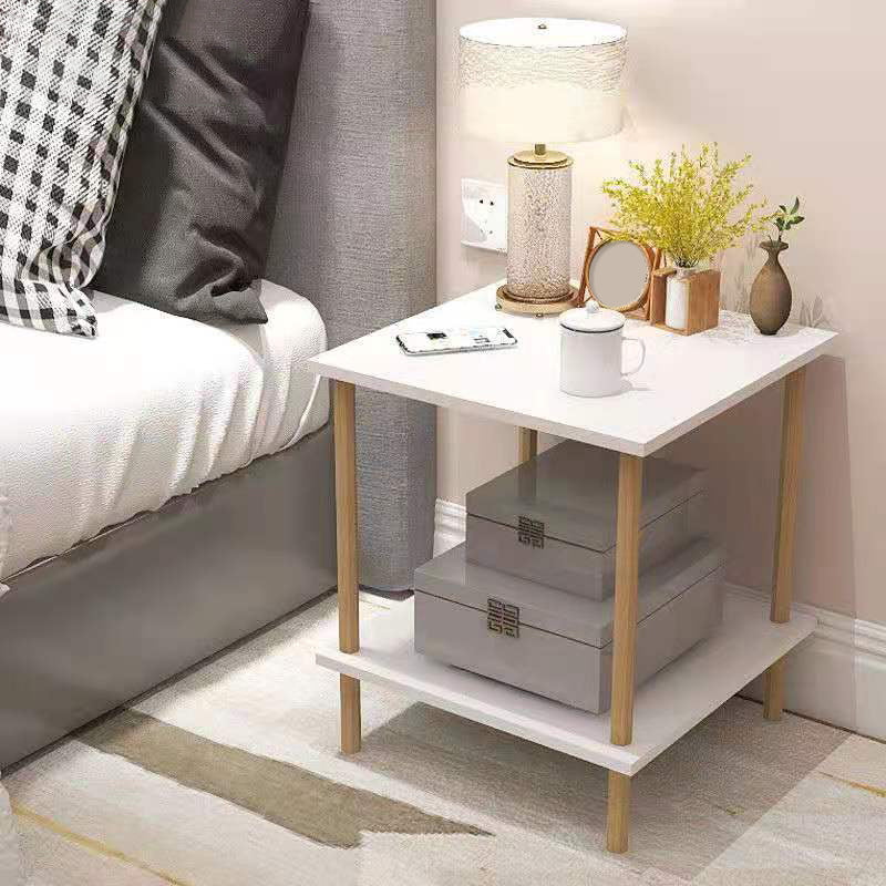 White Wood Contemporary Nightstand Open Storage Night Table with 2 Shelves