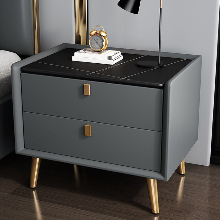 Modern Bedside Night Table Stone Top Nightstand with 2-drawers