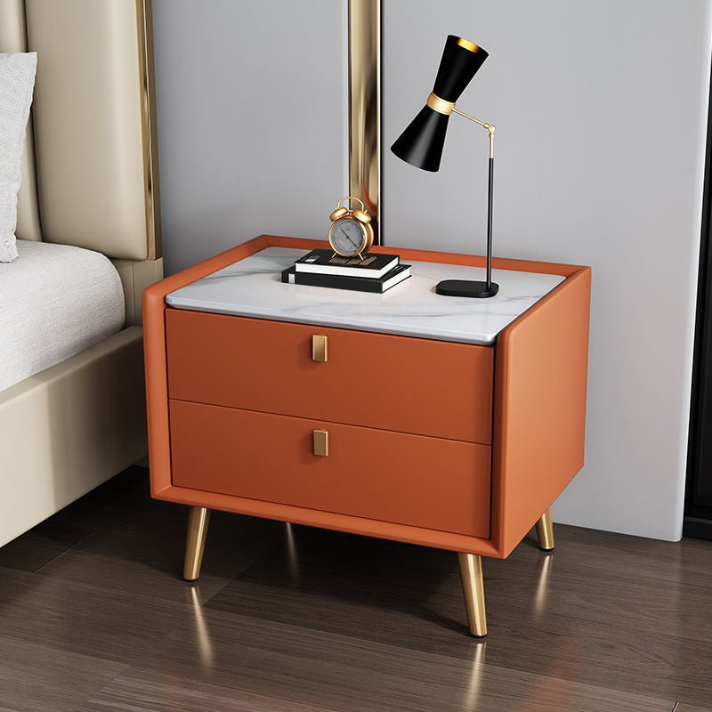 Modern Bedside Night Table Stone Top Nightstand with 2-drawers