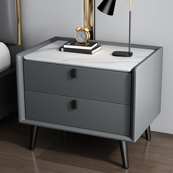 Modern Bedside Night Table Stone Top Nightstand with 2-drawers