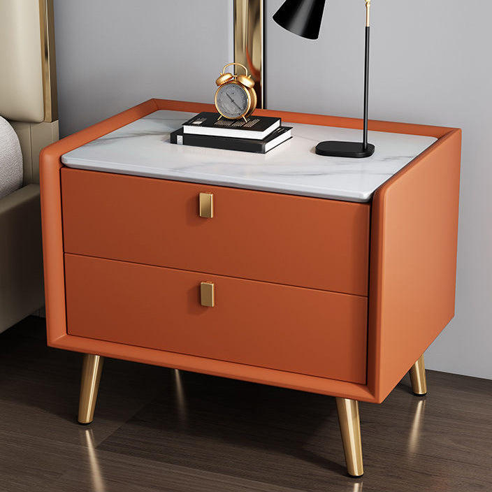 Modern Bedside Night Table Stone Top Nightstand with 2-drawers