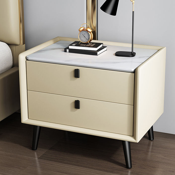 Modern Bedside Night Table Stone Top Nightstand with 2-drawers