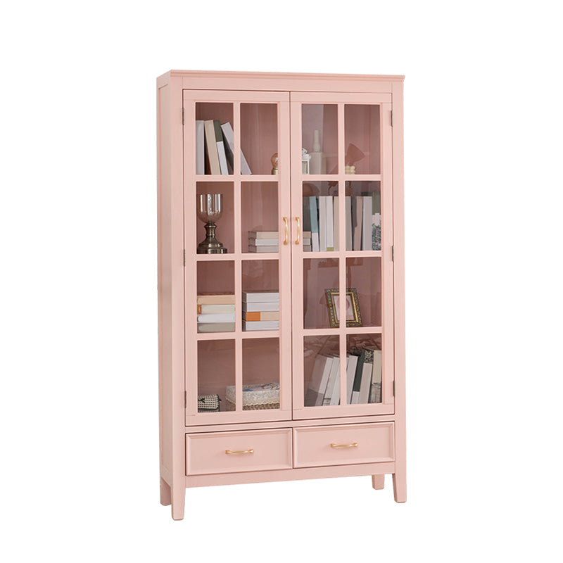 Scandinavian Rubberwood Storage Cabinet Glass Doors Display Cabinet with 2 Drawer