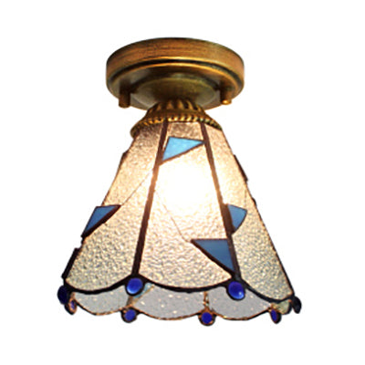 Stained Glass Dome Flush Light  with Triangle/Blue Square/Blue Leaf/Square/Blue Diamond/Diamond Parrern 1 Light Mediterranean Flushmount in Brass Finish