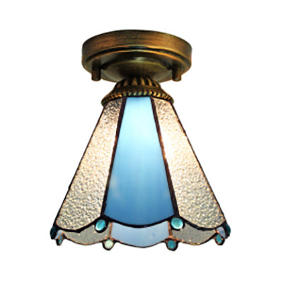 Stained Glass Dome Flush Light  with Triangle/Blue Square/Blue Leaf/Square/Blue Diamond/Diamond Parrern 1 Light Mediterranean Flushmount in Brass Finish