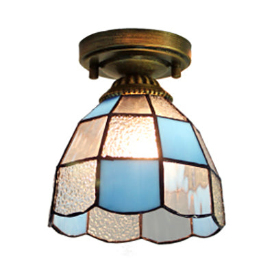 Stained Glass Dome Flush Light  with Triangle/Blue Square/Blue Leaf/Square/Blue Diamond/Diamond Parrern 1 Light Mediterranean Flushmount in Brass Finish