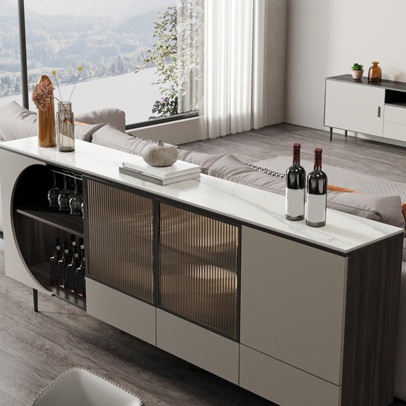 Glam White Top Buffet Sideboard Cabinets Glass Doors Dining Buffet for Living Room