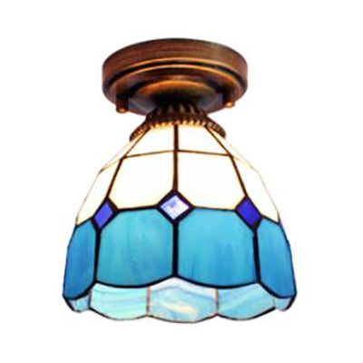 Stained Glass Dome Flush Light  with Triangle/Blue Square/Blue Leaf/Square/Blue Diamond/Diamond Parrern 1 Light Mediterranean Flushmount in Brass Finish