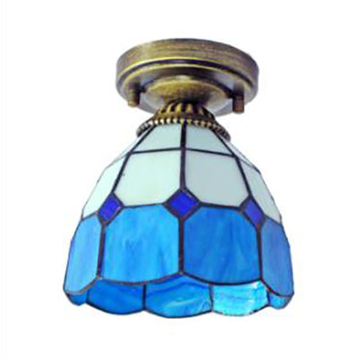 Stained Glass Dome Flush Light  with Triangle/Blue Square/Blue Leaf/Square/Blue Diamond/Diamond Parrern 1 Light Mediterranean Flushmount in Brass Finish