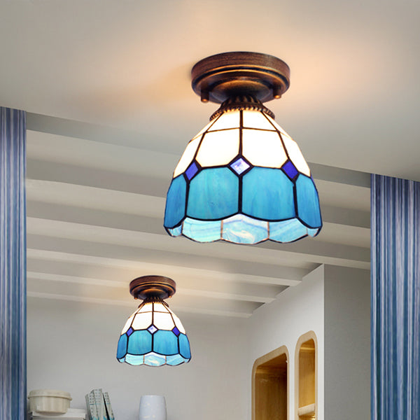 Dôme en vitrail luminaire avec triangle / bleu carré / feuille bleue / carré / diamant bleu / diamant Parlern 1 clair Méditerranéen Flushmount en laiton finition