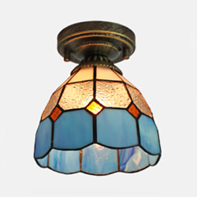 Stained Glass Dome Flush Light  with Triangle/Blue Square/Blue Leaf/Square/Blue Diamond/Diamond Parrern 1 Light Mediterranean Flushmount in Brass Finish