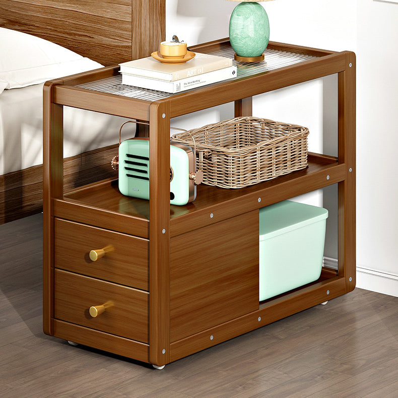 Wooden and Glass Bedside Table Modern Minimalist Night Table with Casters