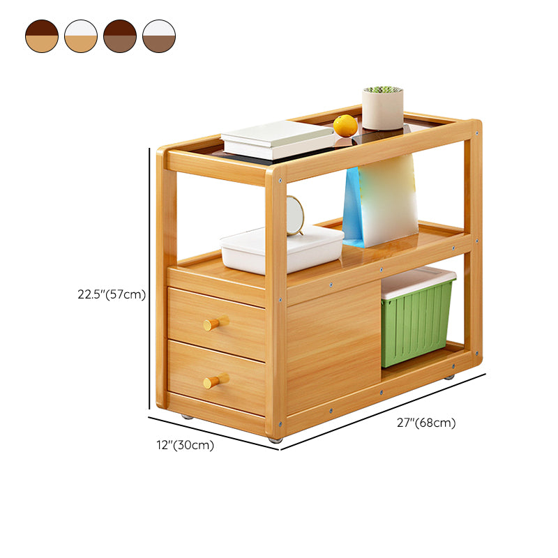 Wooden and Glass Bedside Table Modern Minimalist Night Table with Casters