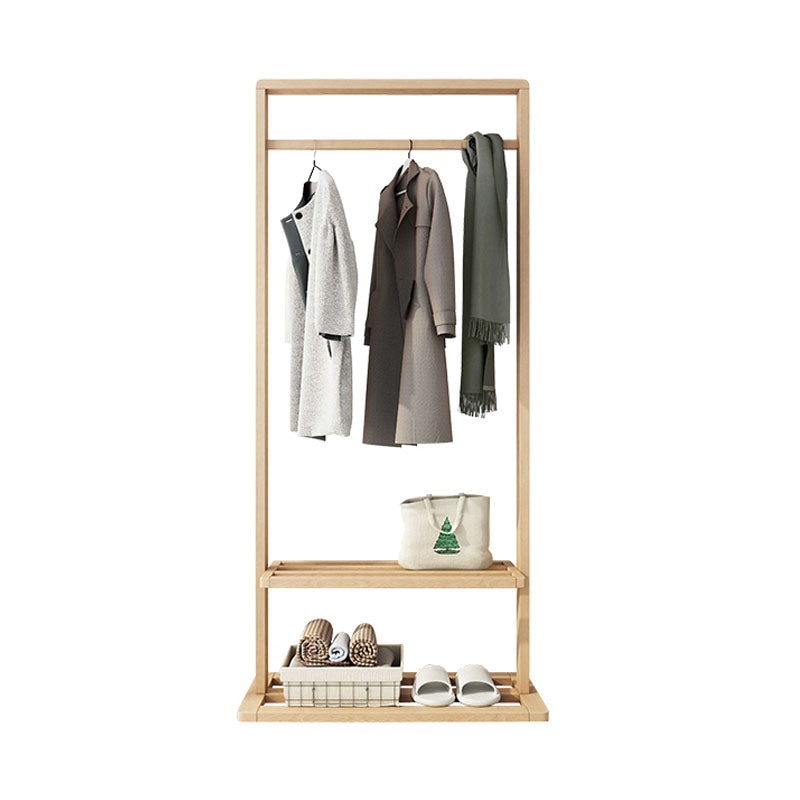 Classic Solid Wood Clothes Hanger Free Standing Coat Rack with Storage Shelving