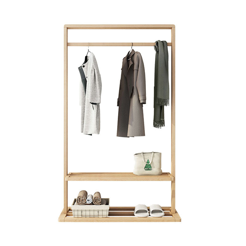 Classic Solid Wood Clothes Hanger Free Standing Coat Rack with Storage Shelving