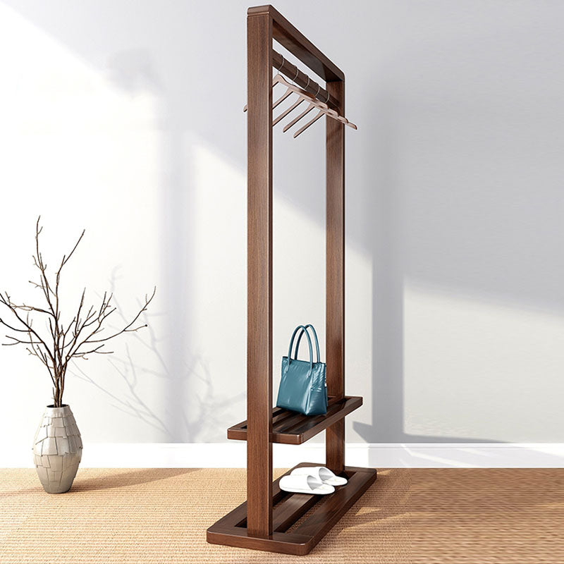 Classic Solid Wood Clothes Hanger Free Standing Coat Rack with Storage Shelving