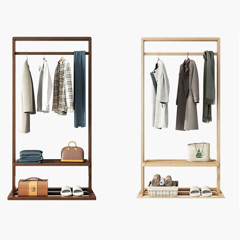 Classic Solid Wood Clothes Hanger Free Standing Coat Rack with Storage Shelving