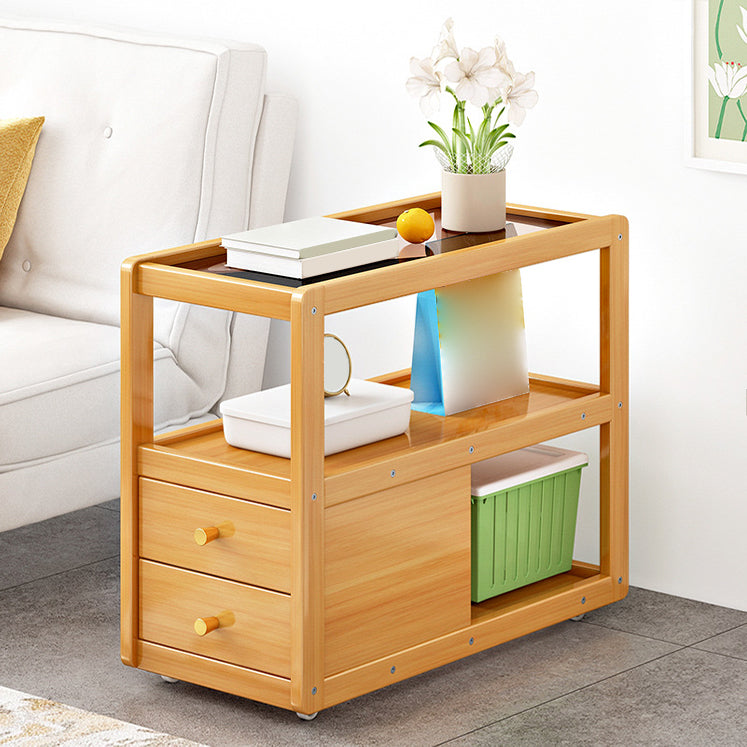 Glass and Wood Night Table Modern Minimalist Open Bedside Table on Casters