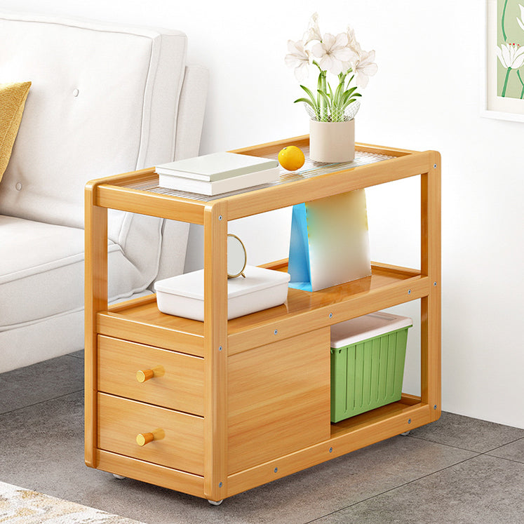 Glass and Wood Night Table Modern Minimalist Open Bedside Table on Casters